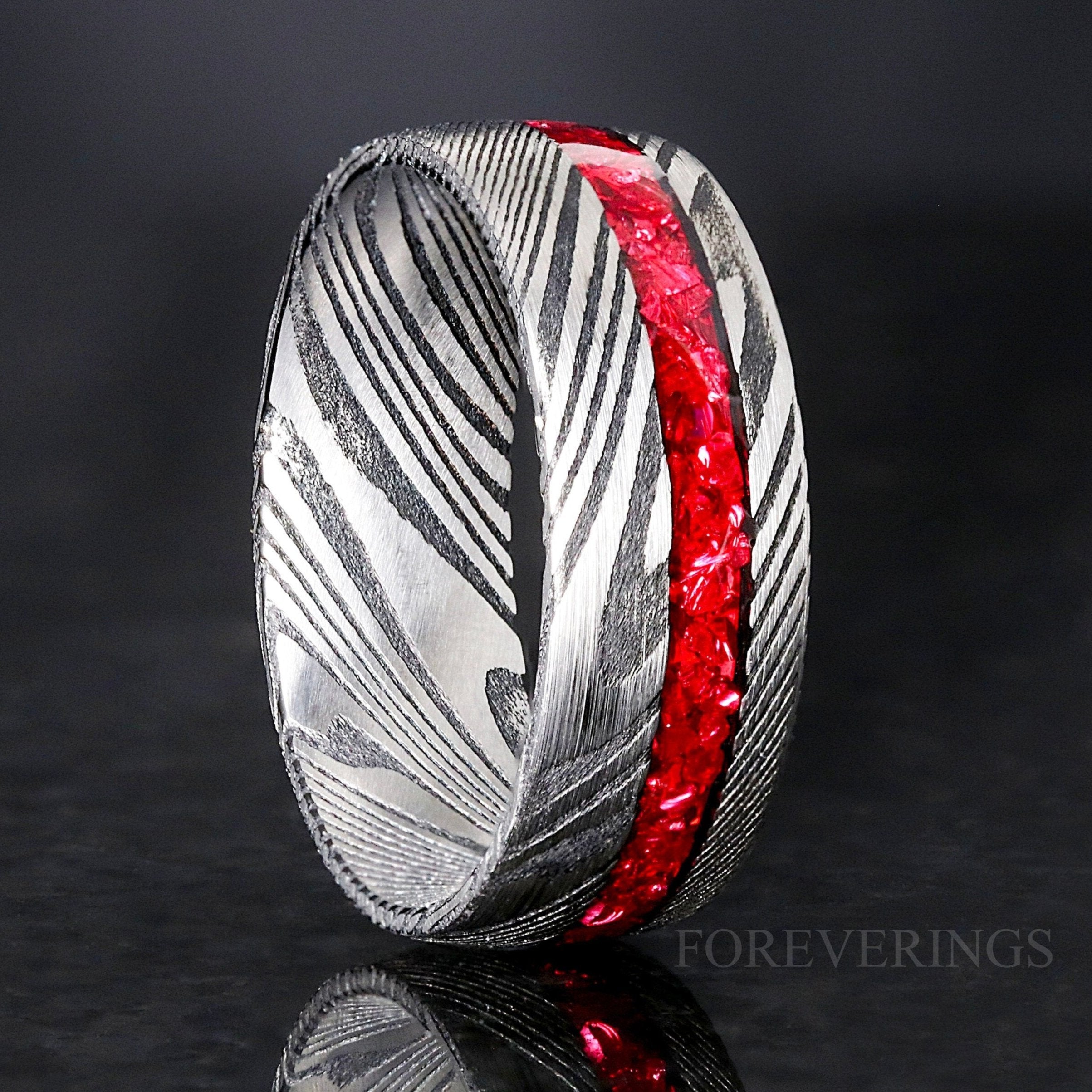 Red Damascus Ring, Mens Wedding Band, Stainless Steel Ring, Garnet Ring Men, Glass Stone, Offset, Man Promise Ring, Unique Ring, Engraving