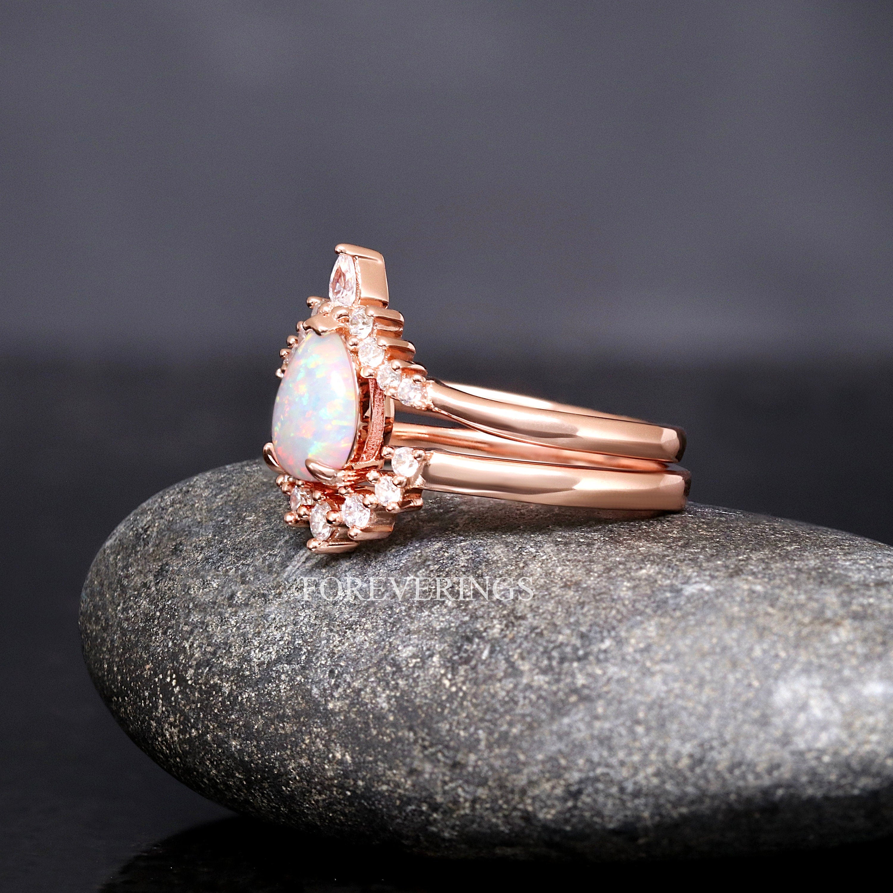 His and Her White Fire Opal Ring Set, Matching Couple Rings, Sterling Silver and Rose Gold Tungsten, Hammered, Unique Engagement Ring Set