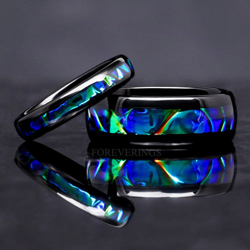 Matching black tungsten couples ring set with iridescent blue-green dichrolam inlay, 8mm and 4mm