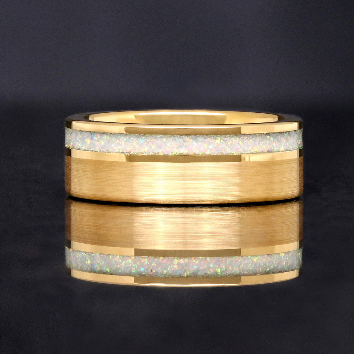 White Fire Opal Mens Ring | Gold Opal Wedding Band, 8mm Tungsten