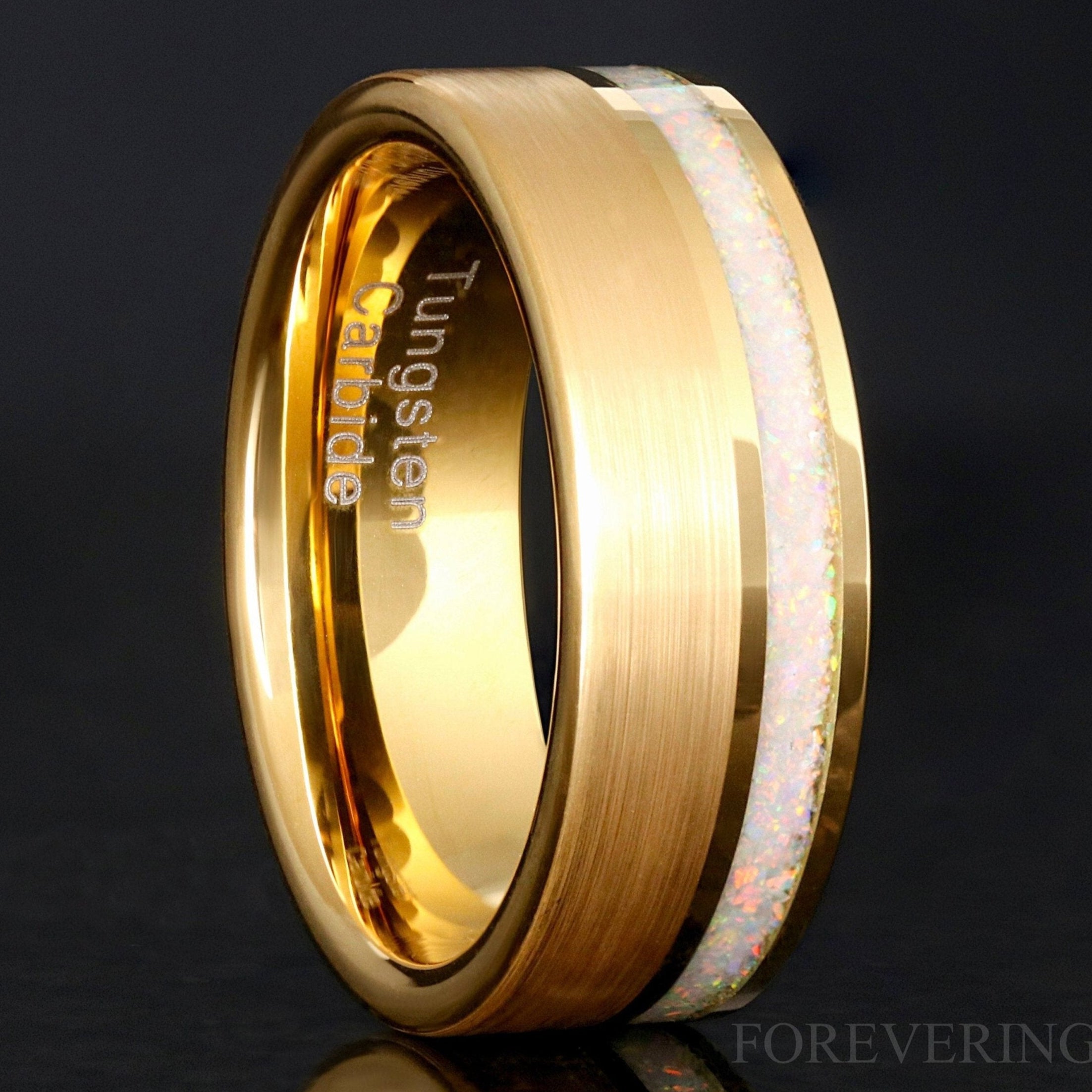 Mens Opal Ring, Gold Opal Wedding Band, White Fire Opal Ring, Gold Tungsten Band, Crushed Opal Band, Unique Ring for Him, Ring Engraving