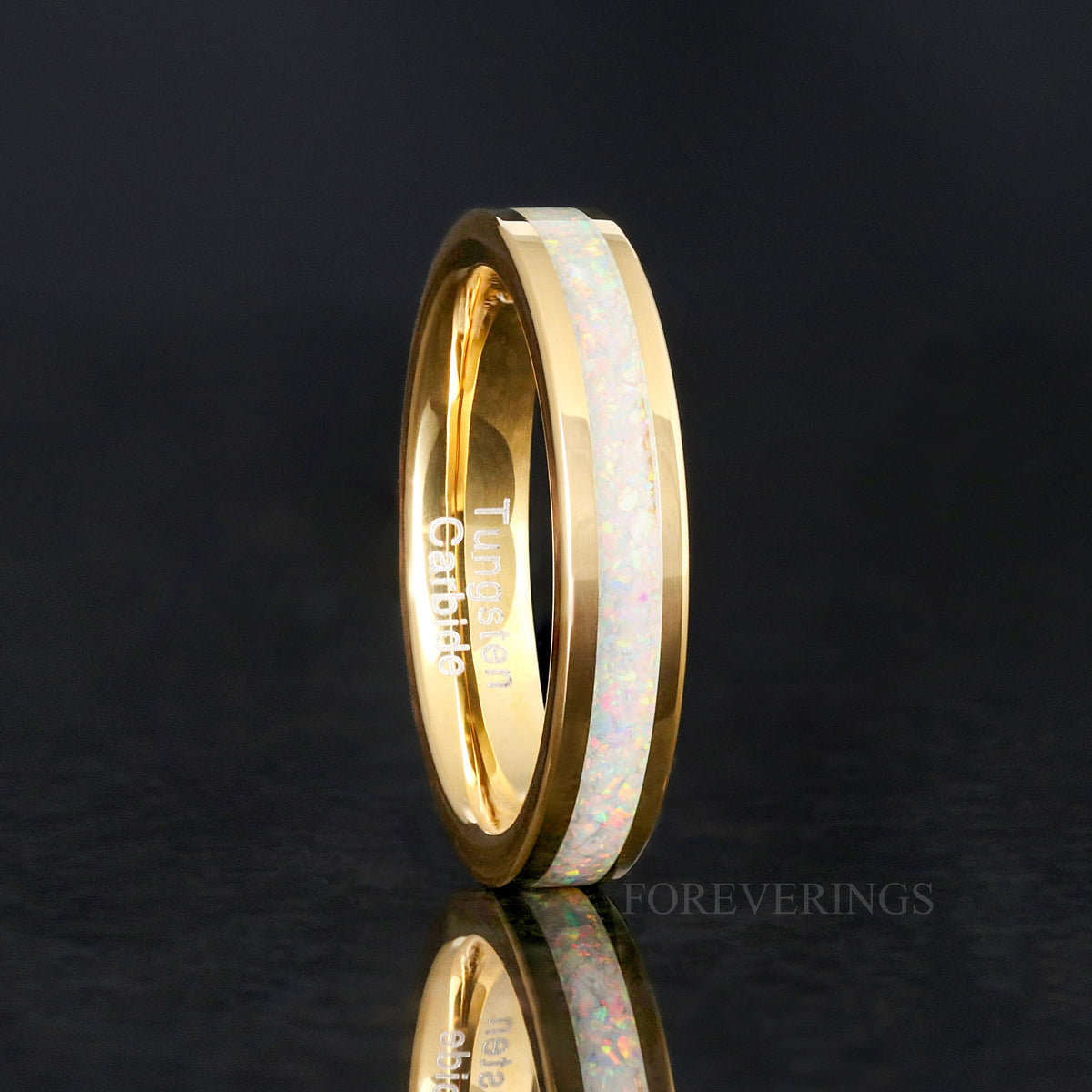 His and Hers Opal Ring Set, Gold Opal Wedding Band, Gold Tungsten Ring, White Fire Opal, 8mm & 4mm Matching Bands, Couples Ring, Engraving