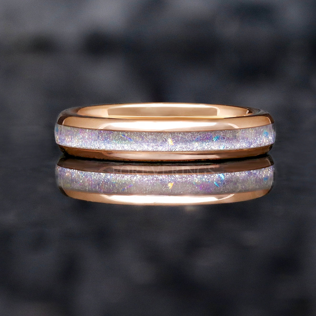 Moonstone Wedding Band, Rose Gold Tungsten Ring, 4mm Nebula Ring, Polished, Dome, Comfort Fit, Unique Ring, Men Women Ring, Engraving