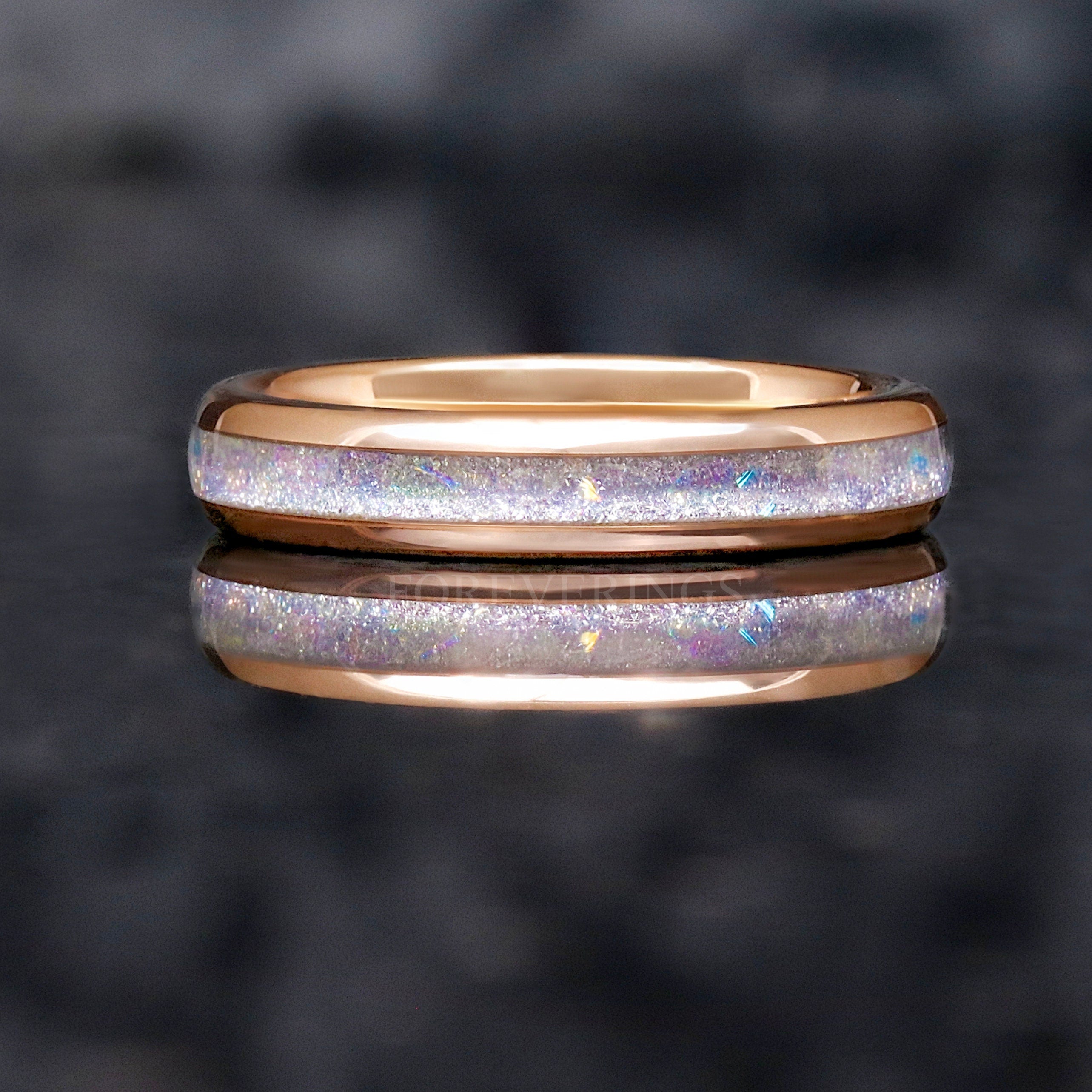 Moonstone Wedding Band, Rose Gold Tungsten Ring, 4mm Nebula Ring, Polished, Dome, Comfort Fit, Unique Ring, Men Women Ring, Engraving