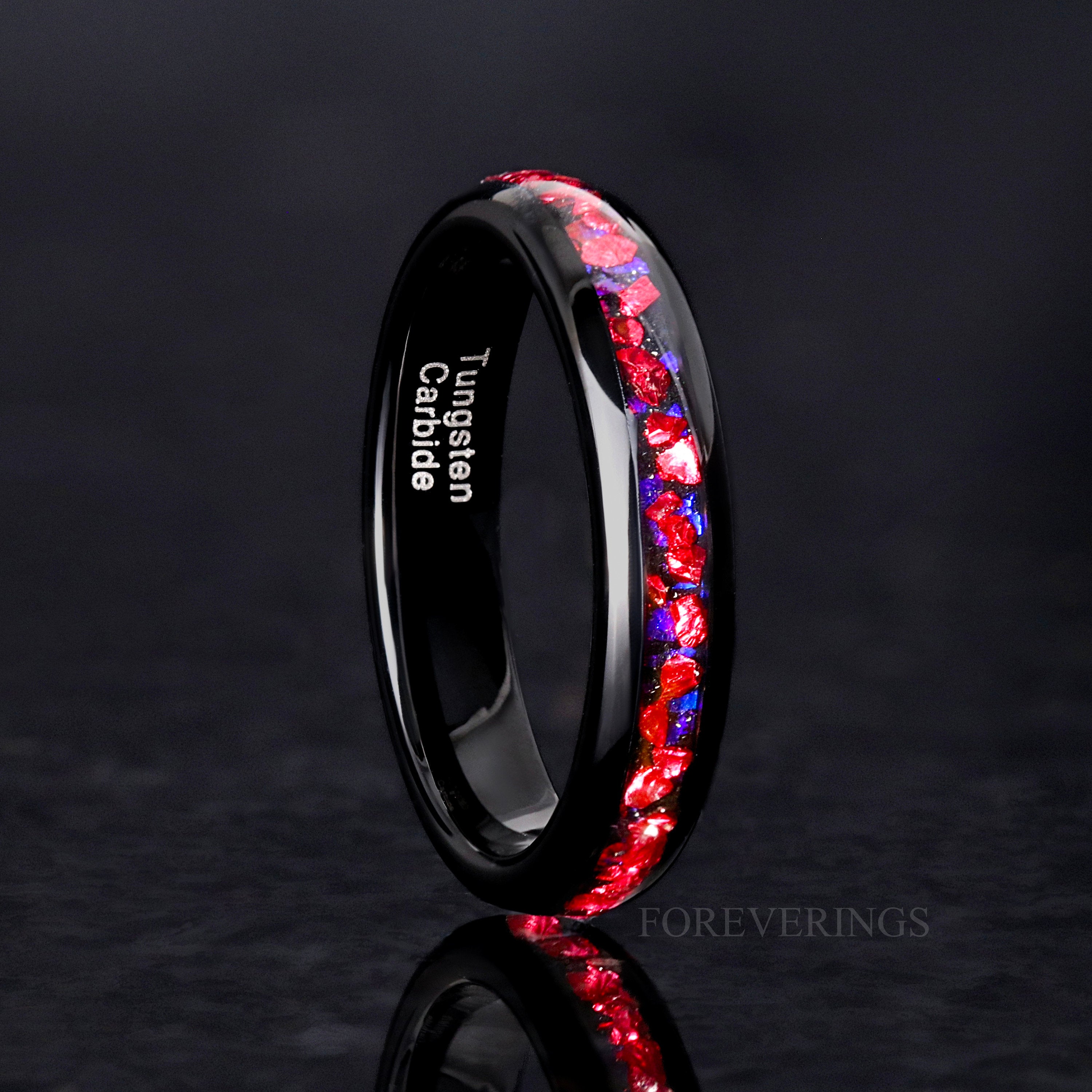 Pelican Nebula Ring, 4mm Wedding Band, Black Tungsten Band, Man Woman Space Ring, Ruby Red and Blue Sandstone, Red Galaxy Ring, Engraving