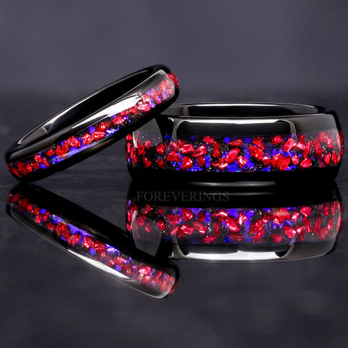 Matching black tungsten couples ring set with ruby and blue sandstone inlay, 8mm and 4mm