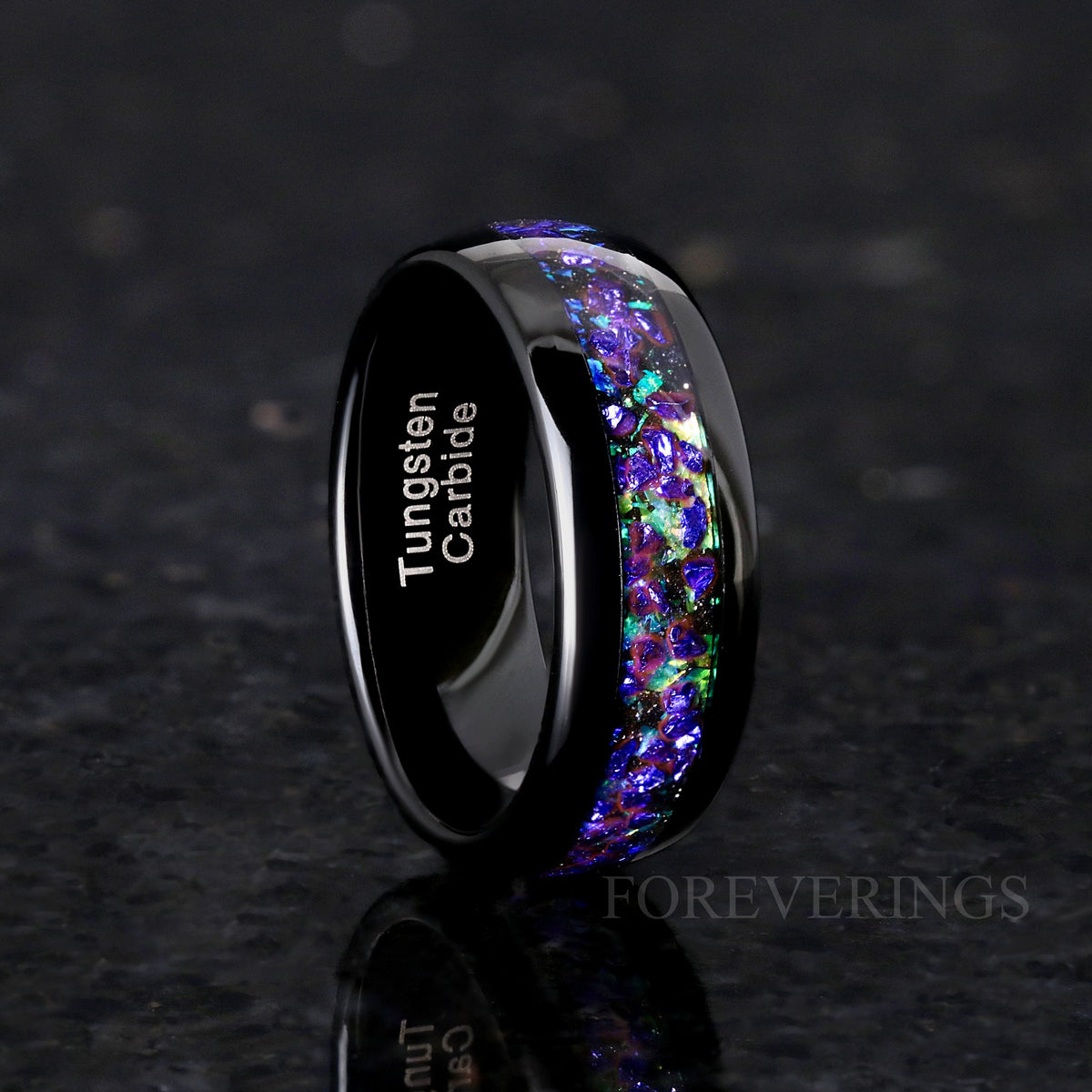 Ghost Nebula Ring, Tungsten Wedding Band, Rosette Nebula with Sapphire Gemstone, Green Space Ring, Black, Dome, Polish, Ring Engraving