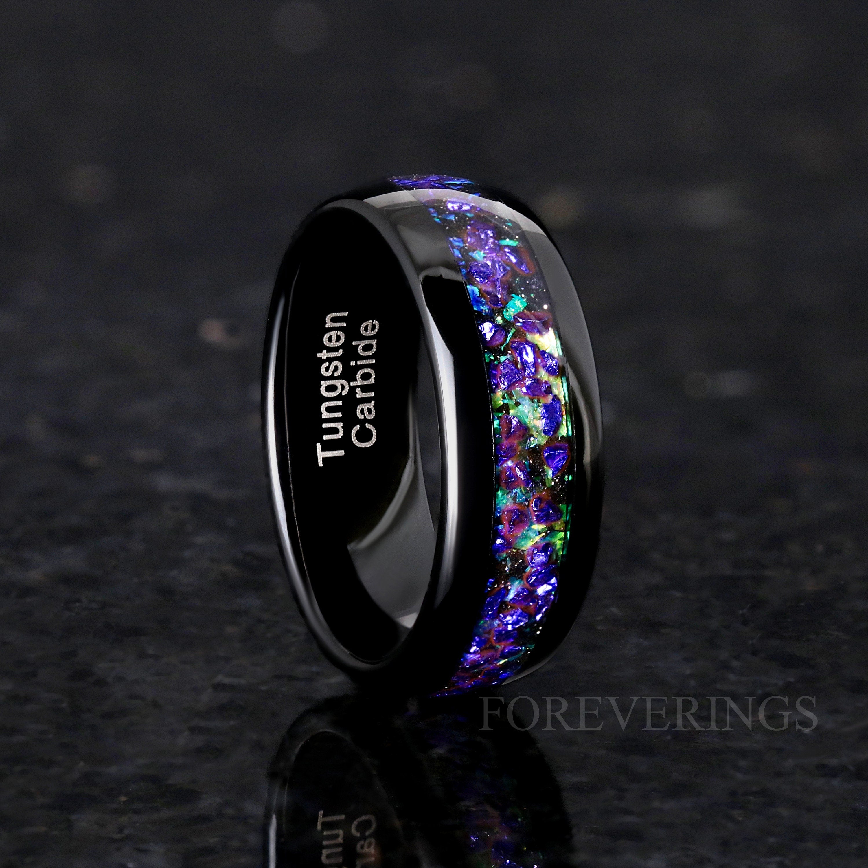 Ghost Nebula Ring, Tungsten Wedding Band, Rosette Nebula with Sapphire Gemstone, Green Space Ring, Black, Dome, Polish, Ring Engraving