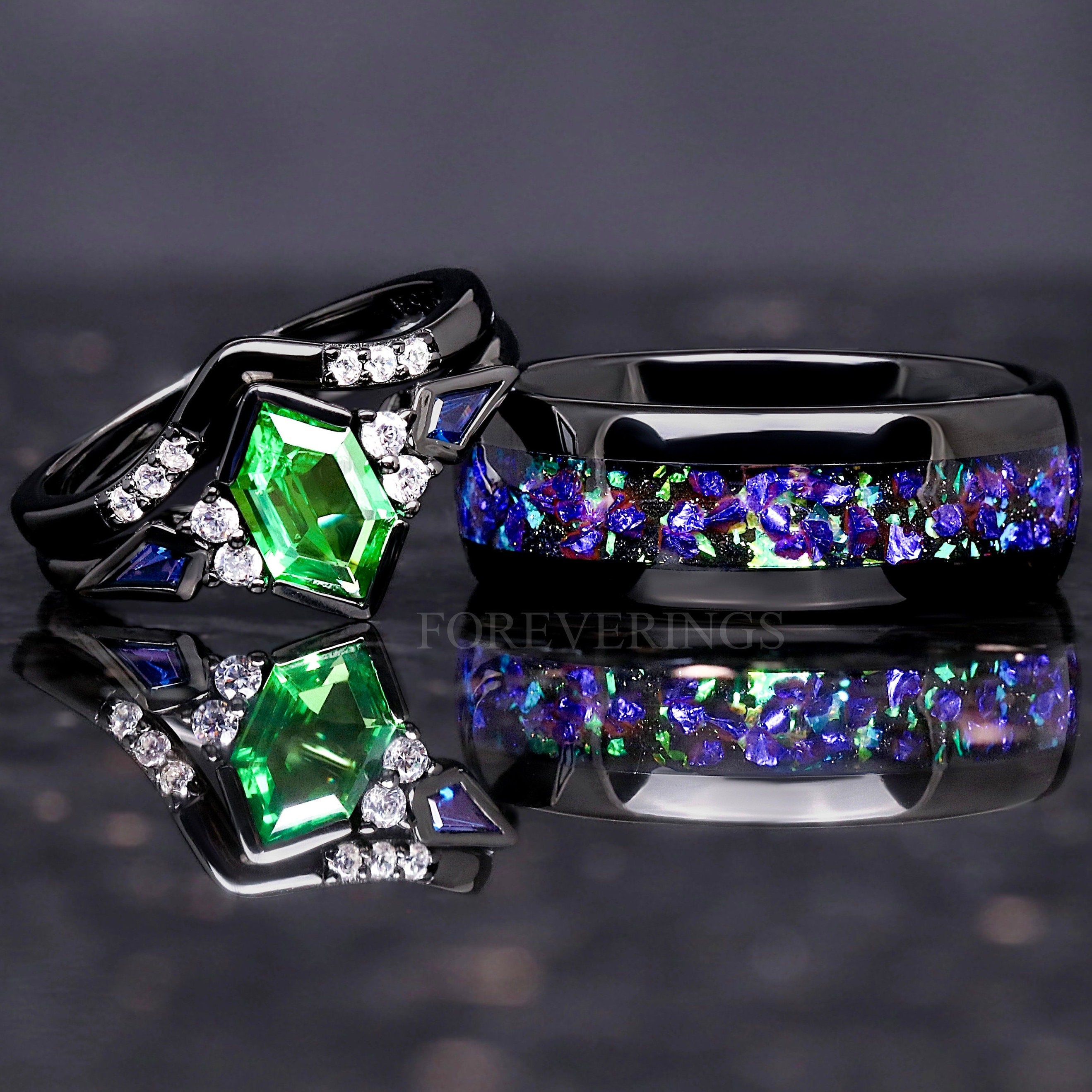 His and Her Ghost Nebula Ring Set, Couples Ring, Galaxy Ring Set, Blue Sapphire, Green Tsavorite, Matching Black Wedding Band, Engraving