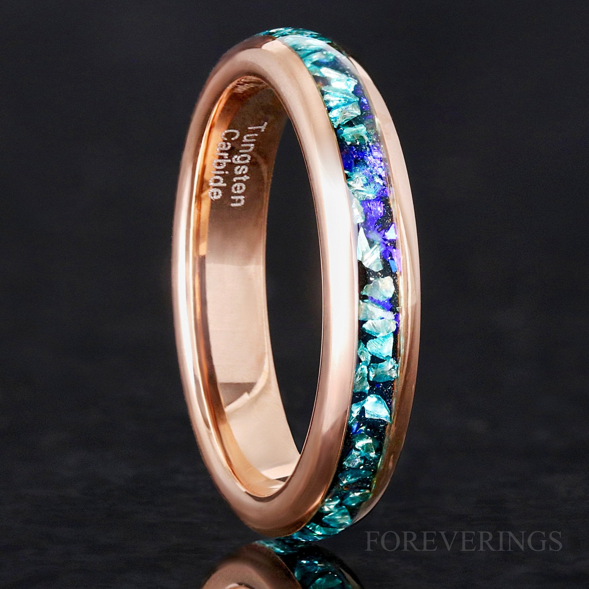 Neptune Crushed Aquamarine Ring, 4mm Rose Gold Wedding Band, Man Woman Ring, Rose Gold Tungsten Band, Galaxy Ring, Nebula, Ring Engraving