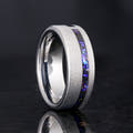 Men's 8mm sandblasted silver tungsten band with an offset nebula sandstone strip, standing
