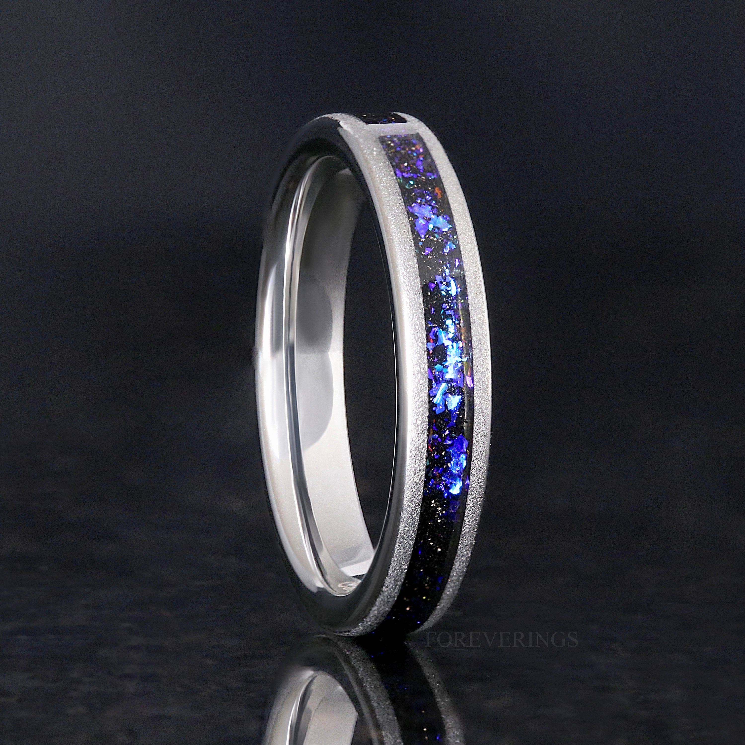 Orion Nebula Ring, 4mm Silver Tungsten Wedding Band, Outer Space Ring, Blue Nebula Ring, Flat, Sandblasted Ring, Man Woman Ring, Engraving