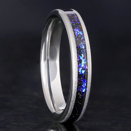 4mm sandblasted silver tungsten ring with Orion nebula sandstone inlay, flat profile