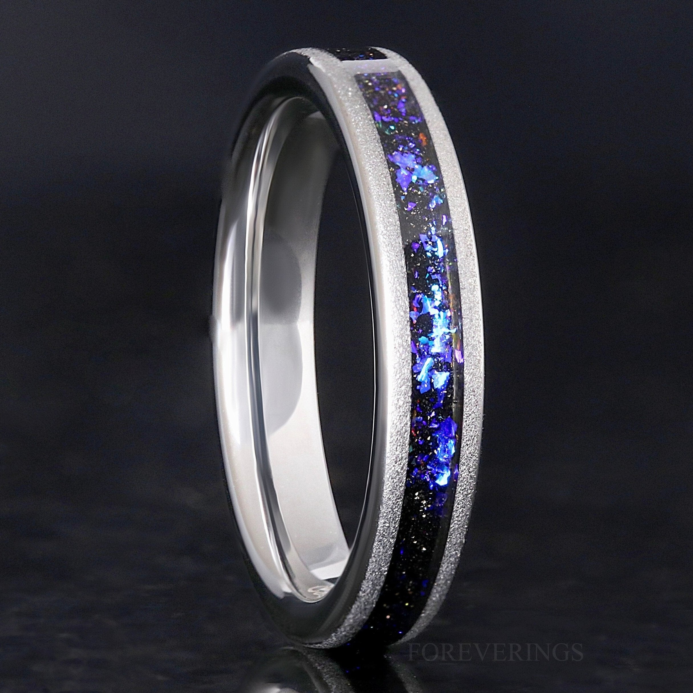 Orion Nebula Ring, 4mm Silver Tungsten Wedding Band, Outer Space Ring, Blue Nebula Ring, Flat, Sandblasted Ring, Man Woman Ring, Engraving