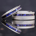 Matching silver sandblasted tungsten couples ring set with Orion nebula sandstone inlay, 8mm and 4mm