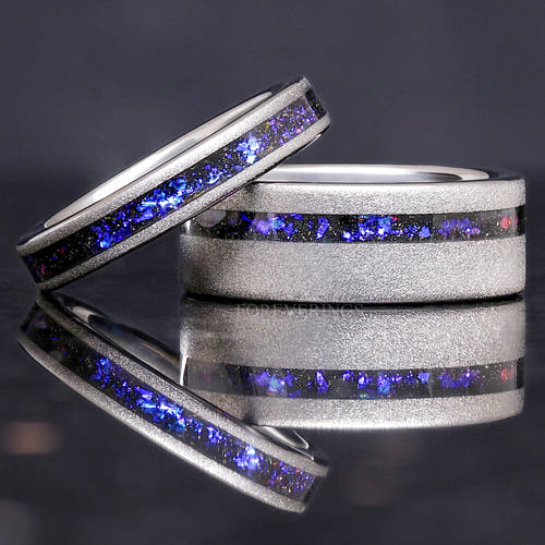 Matching silver sandblasted tungsten couples ring set with Orion nebula sandstone inlay, 8mm and 4mm