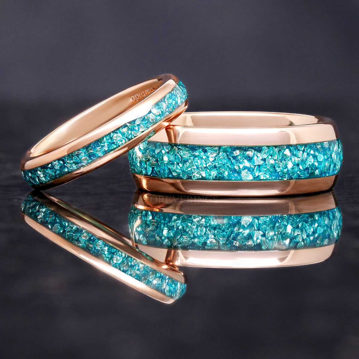Crushed Aquamarine Ring Set, Couples Rose Gold Band, His and Her Ring, Matching Wedding Band, 8mm & 4mm Rose Gold Tungsten Ring, Engraving