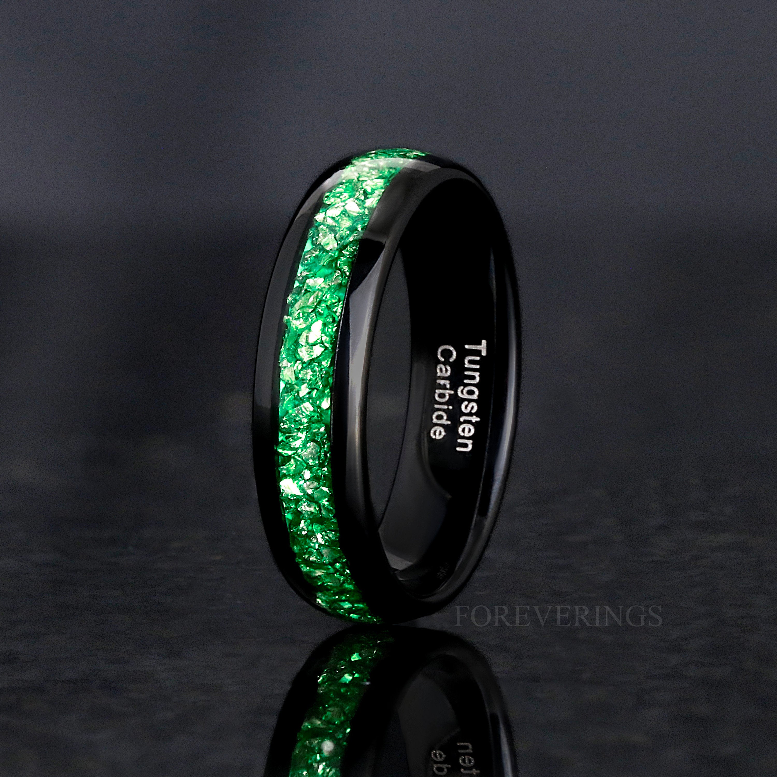 Emerald Wedding Band, Man Woman Ring, Black Tungsten Ring, 8mm-6mm-4mm Green Emerald Band, Dome Polish, Unique Modern Promise Ring, Engrave