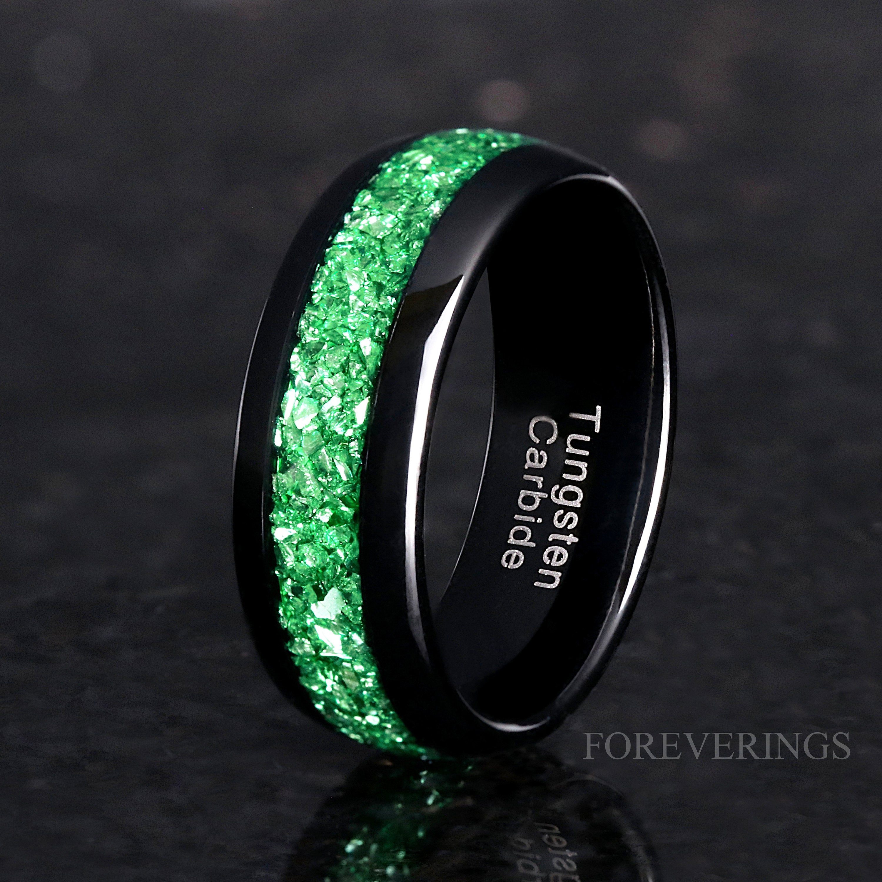 Emerald Wedding Band, Man Woman Ring, Black Tungsten Ring, 8mm-6mm-4mm Green Emerald Band, Dome Polish, Unique Modern Promise Ring, Engrave