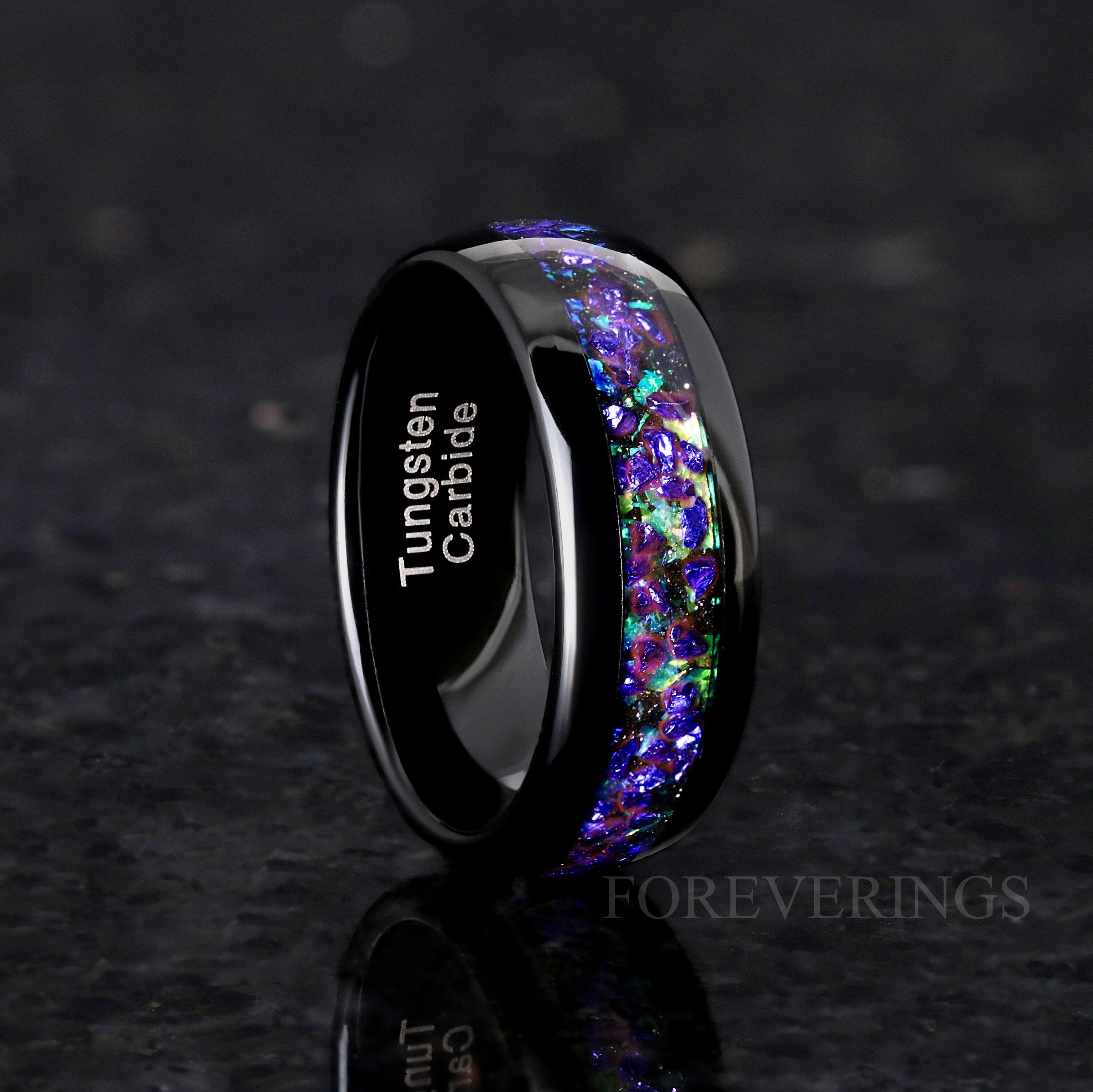 His and Her Ghost Nebula Ring Set, Couple Wedding Band, Galaxy Ring Set, Sapphire, 8mm & 4mm Black Tungsten Ring Set, Dome Polish, Engraving