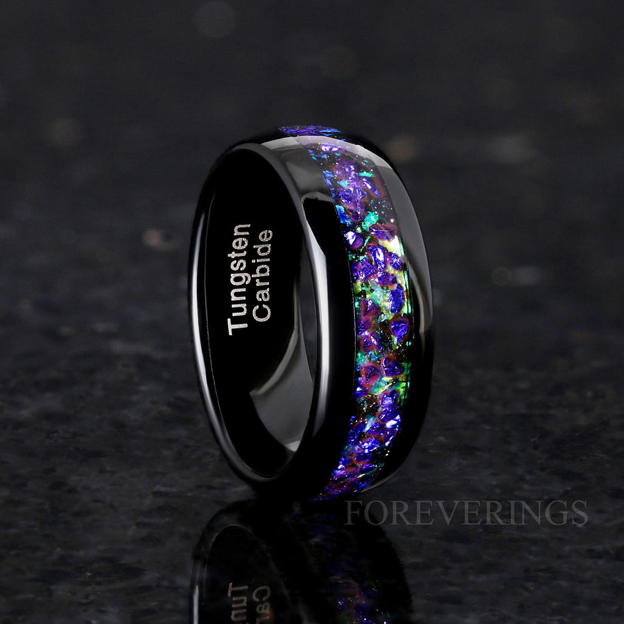 His and Her Ghost Nebula Ring Set, Couple Wedding Band, Galaxy Ring Set, Sapphire, 8mm & 4mm Black Tungsten Ring Set, Dome Polish, Engraving