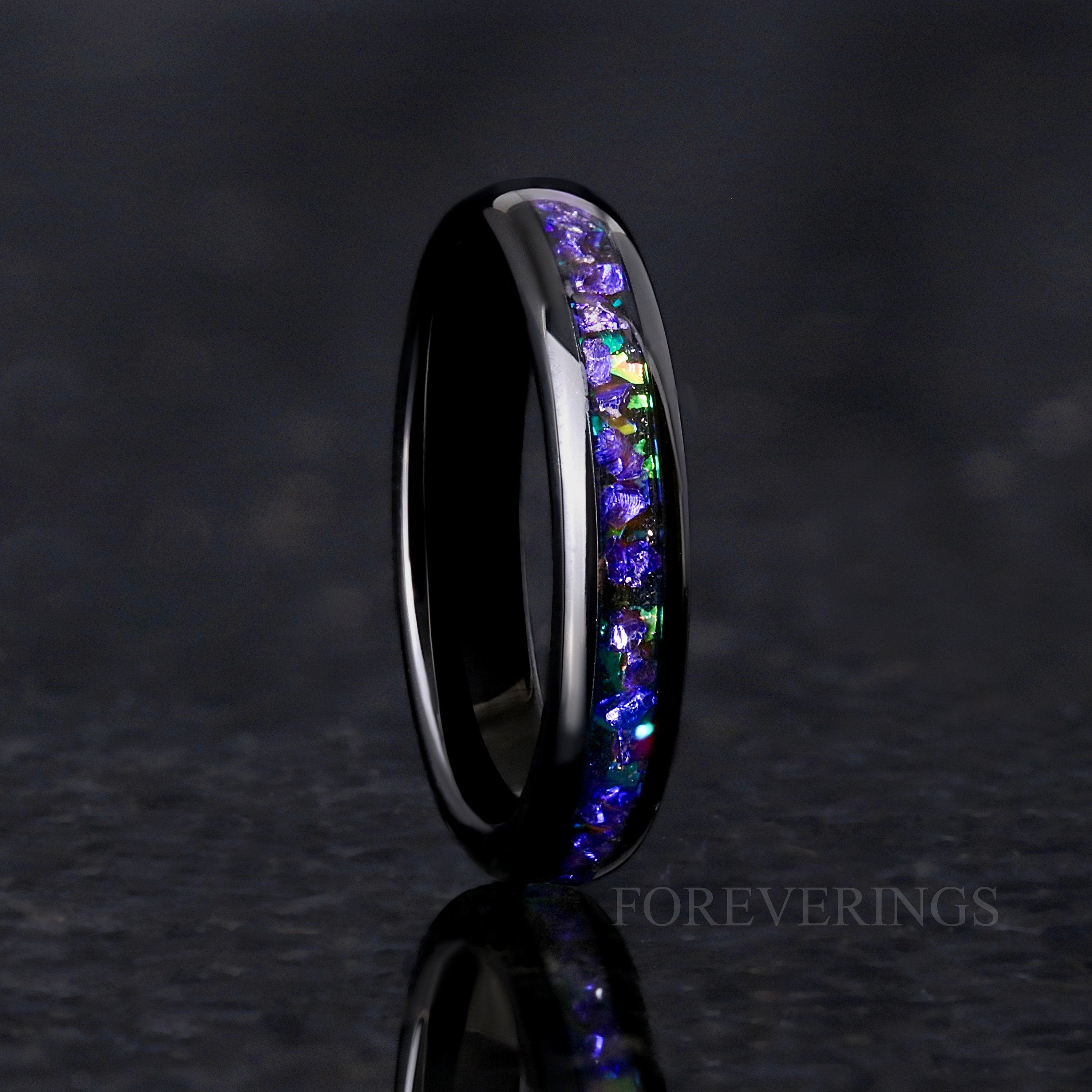 Ghost Nebula Ring, Black 4mm Wedding Band, Sapphire Gemstone, Black Tungsten Ring, Man Woman Band, Green Space Ring, Dome, Polish, Engrave