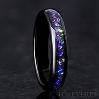 Ghost Nebula Ring, Black 4mm Wedding Band, Sapphire Gemstone, Black Tungsten Ring, Man Woman Band, Green Space Ring, Dome, Polish, Engrave