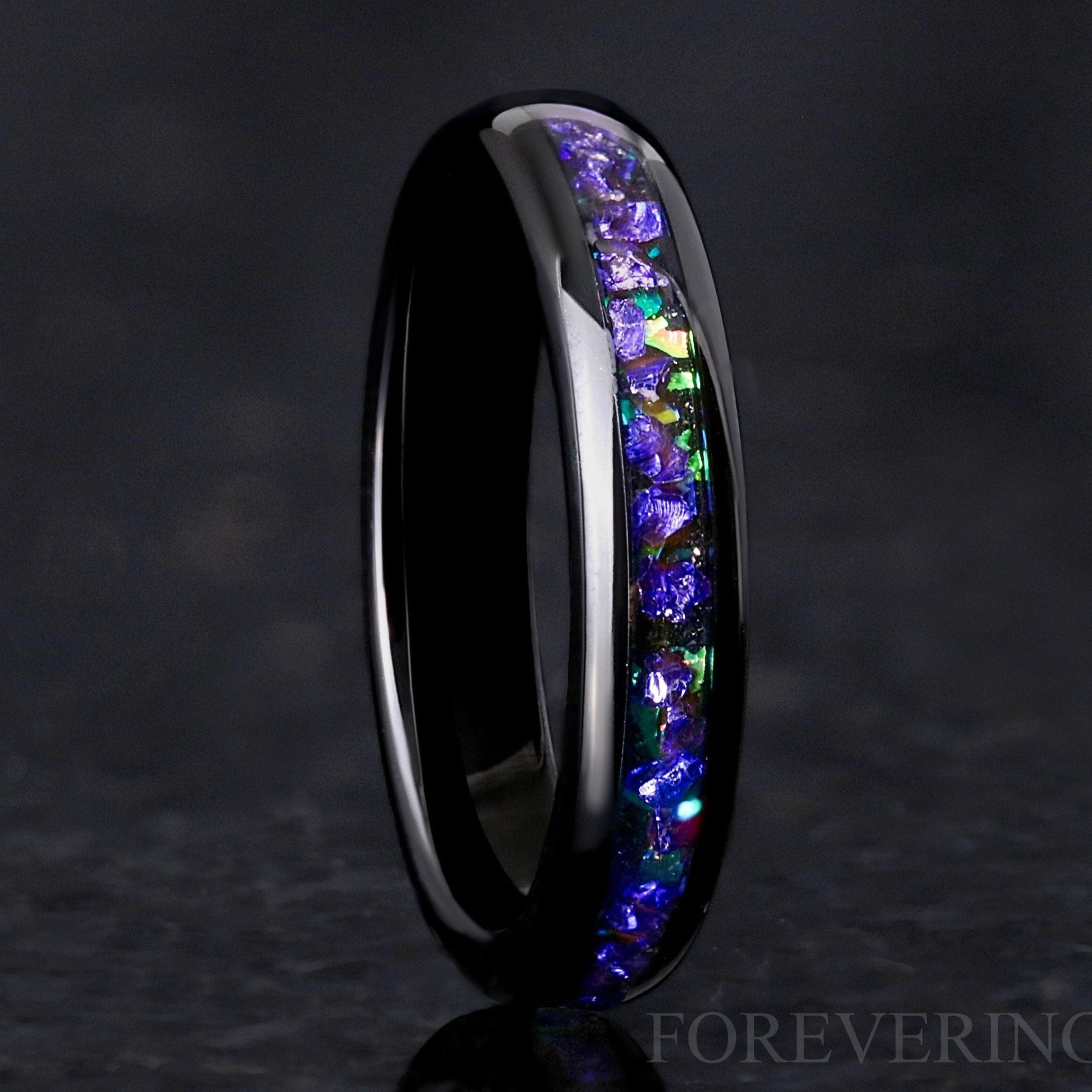 Ghost Nebula Ring, Black 4mm Wedding Band, Sapphire Gemstone, Black Tungsten Ring, Man Woman Band, Green Space Ring, Dome, Polish, Engrave