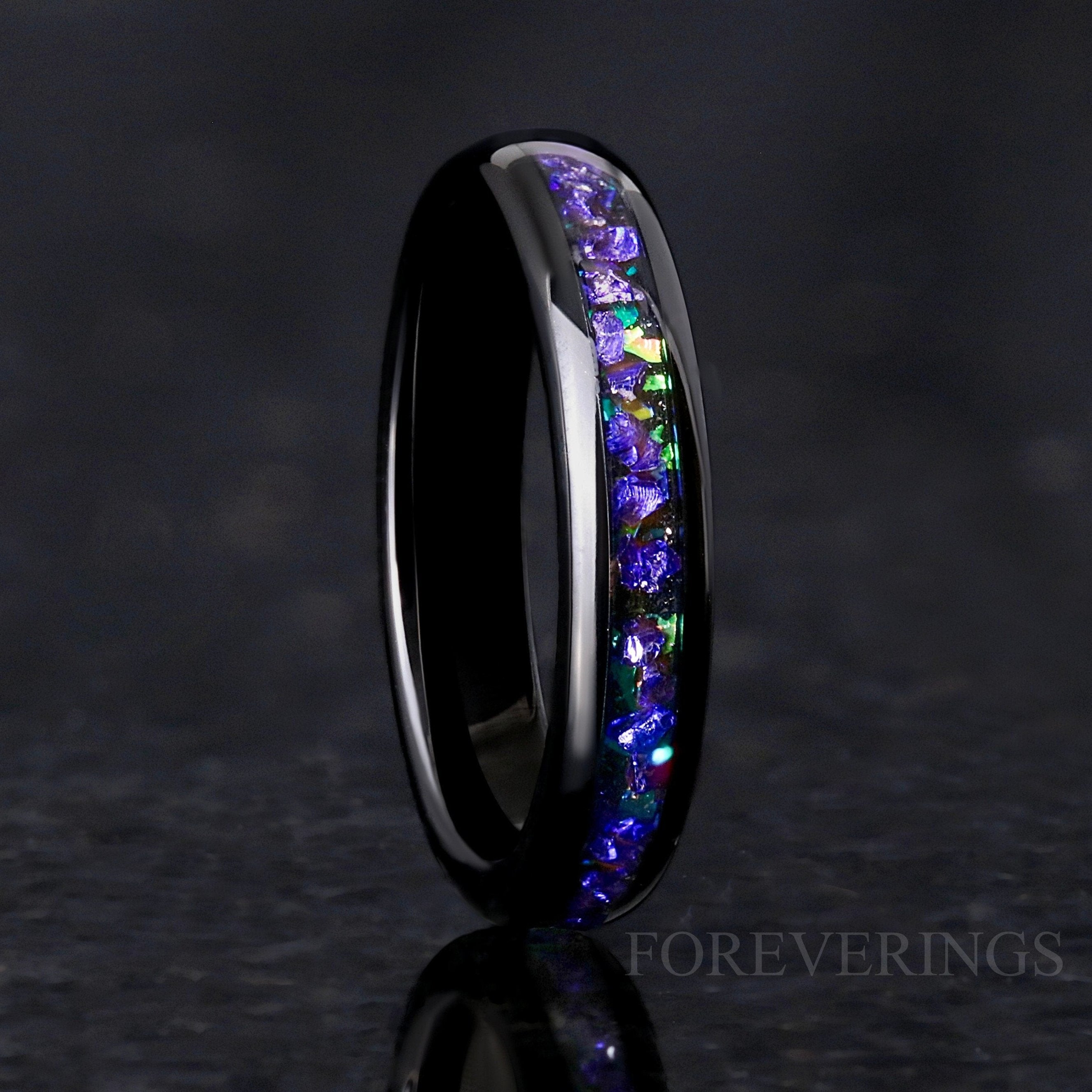 Ghost Nebula Ring, Black 4mm Wedding Band, Sapphire Gemstone, Black Tungsten Ring, Man Woman Band, Green Space Ring, Dome, Polish, Engrave