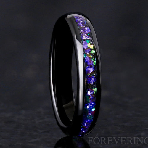 Ghost Nebula Ring, Black 4mm Wedding Band, Sapphire Gemstone, Black Tungsten Ring, Man Woman Band, Green Space Ring, Dome, Polish, Engrave