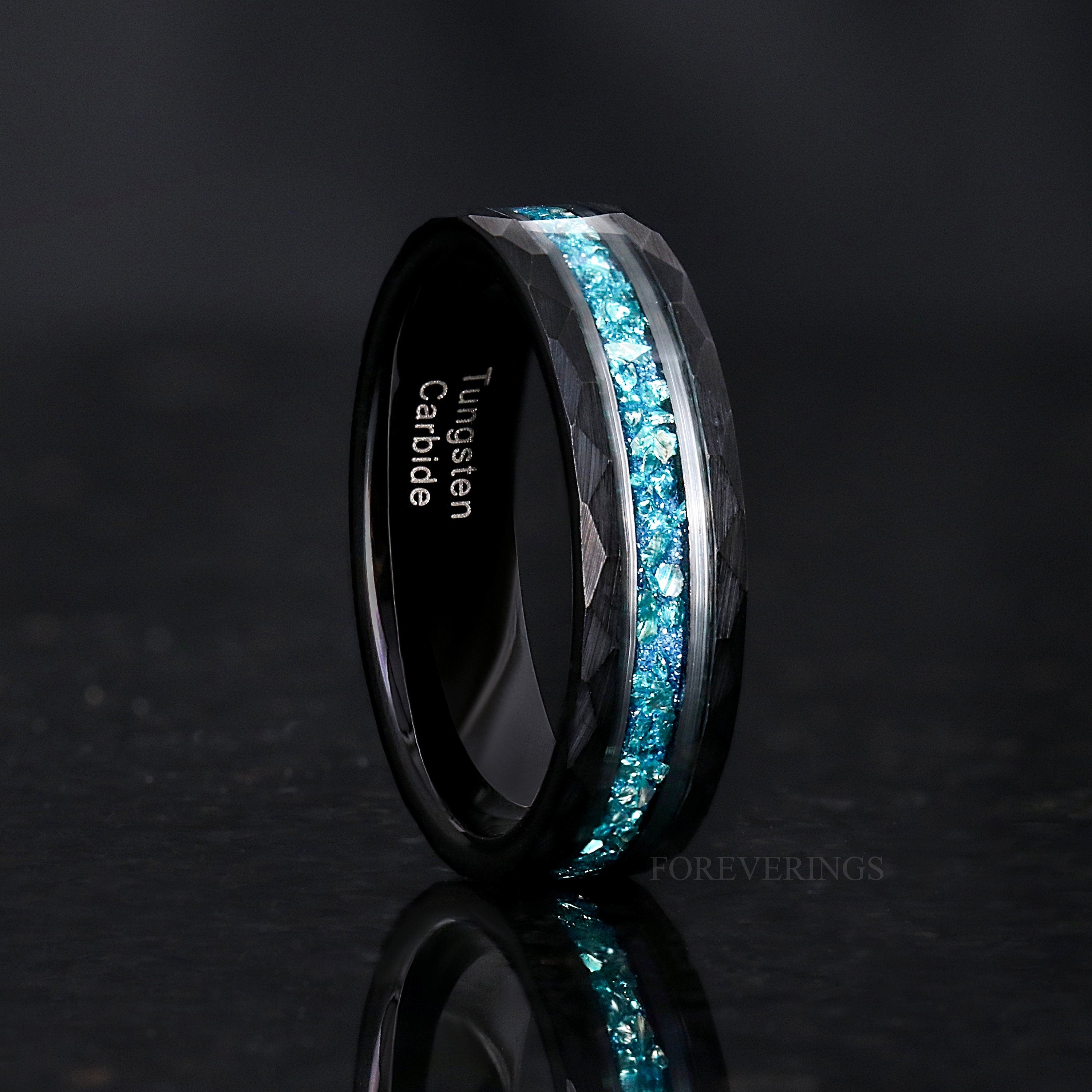 Aquamarine Ring Men, Blue Wedding Band, Hammered Ring, 8mm 6mm Black Tungsten Band, Unique Promise Ring, Black Blue Ring, Personalized Gift