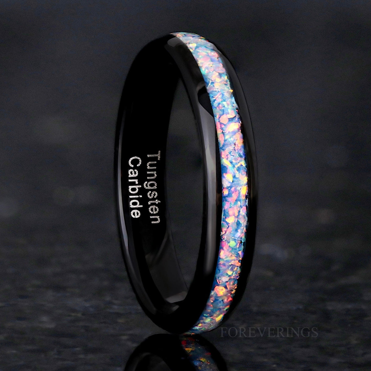 Rainbow Fire Opal Inlay Ring | Black Tungsten Wedding Band for Women