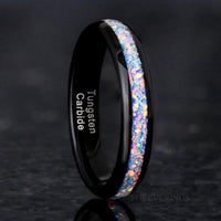Rainbow Fire Opal Inlay Ring | Black Tungsten Wedding Band for Women