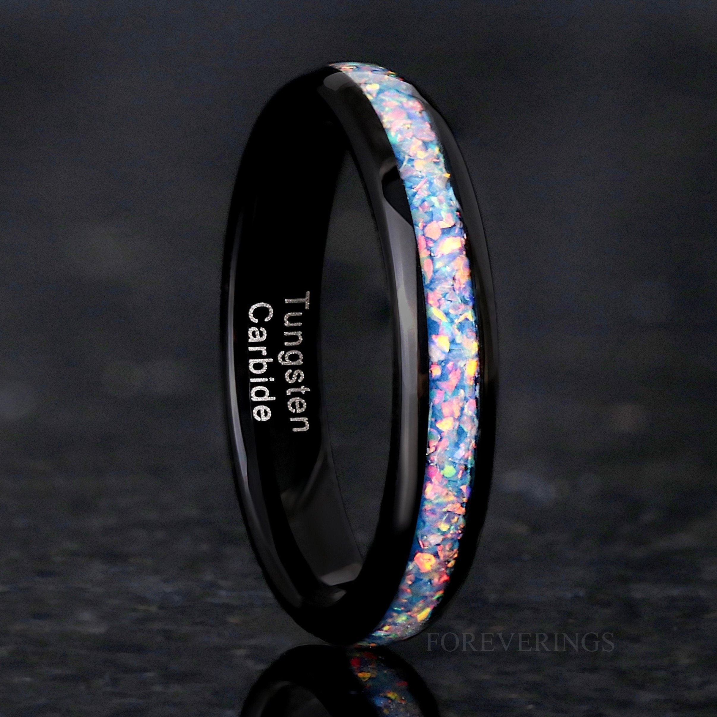 Rainbow Opal Tungsten Wedding Band - 4mm, Polished Dome, Engraved Promise Ring, Fire Opal - Unique Jewelry, Black Tungsten, Man Woman Ring