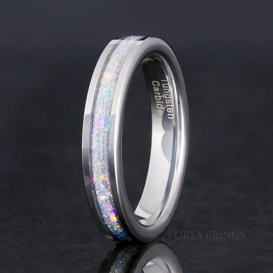 Crushed Moonstone Silver Tungsten Wedding Band, 4mm Nebula Ring, Polished, Flat, Comfort Fit, Unique Ring, Men Women Ring, Engraving