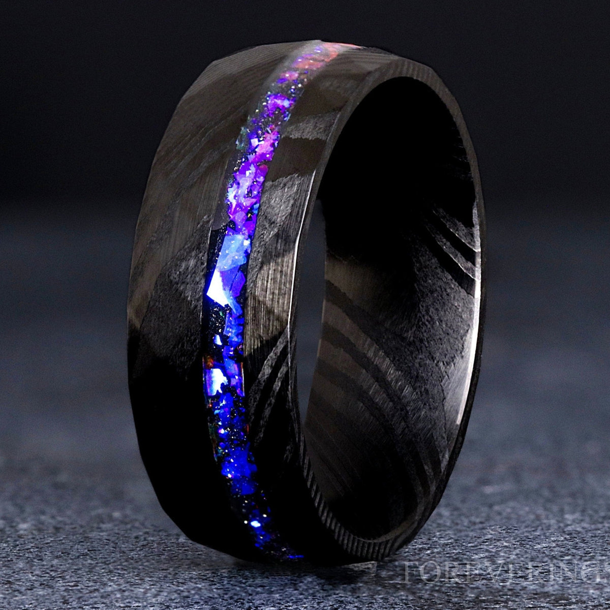 Black Damascus Ring Man, Orion Nebula Wedding Band, Man Facet Ring, Blue Nebula Ring, Hammered Space Ring, Stainless Steel, Ring Engraving