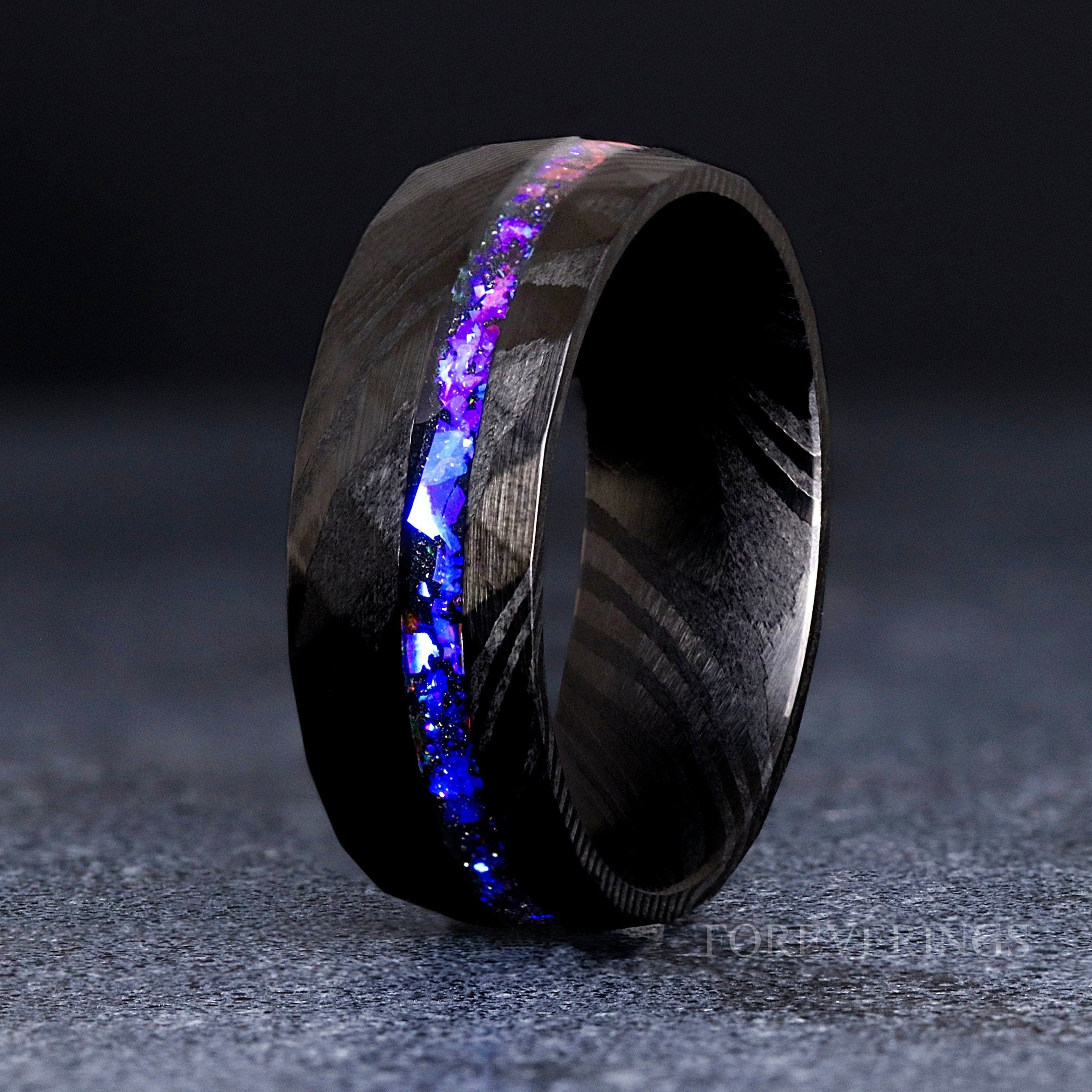 Black Damascus Ring Man, Orion Nebula Wedding Band, Man Facet Ring, Blue Nebula Ring, Hammered Space Ring, Stainless Steel, Ring Engraving