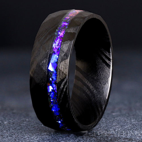 Black Damascus Ring Man, Orion Nebula Wedding Band, Man Facet Ring, Blue Nebula Ring, Hammered Space Ring, Stainless Steel, Ring Engraving