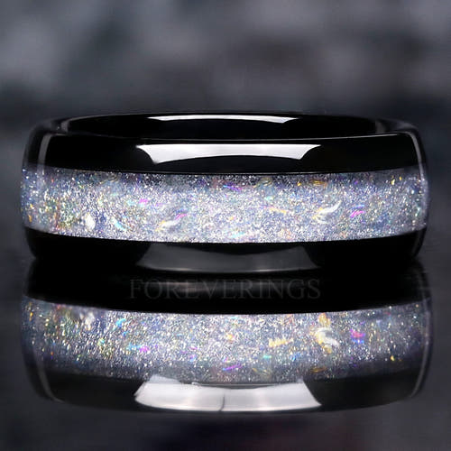 Men's 8mm black tungsten band with a wide moonstone inlay, polished dome