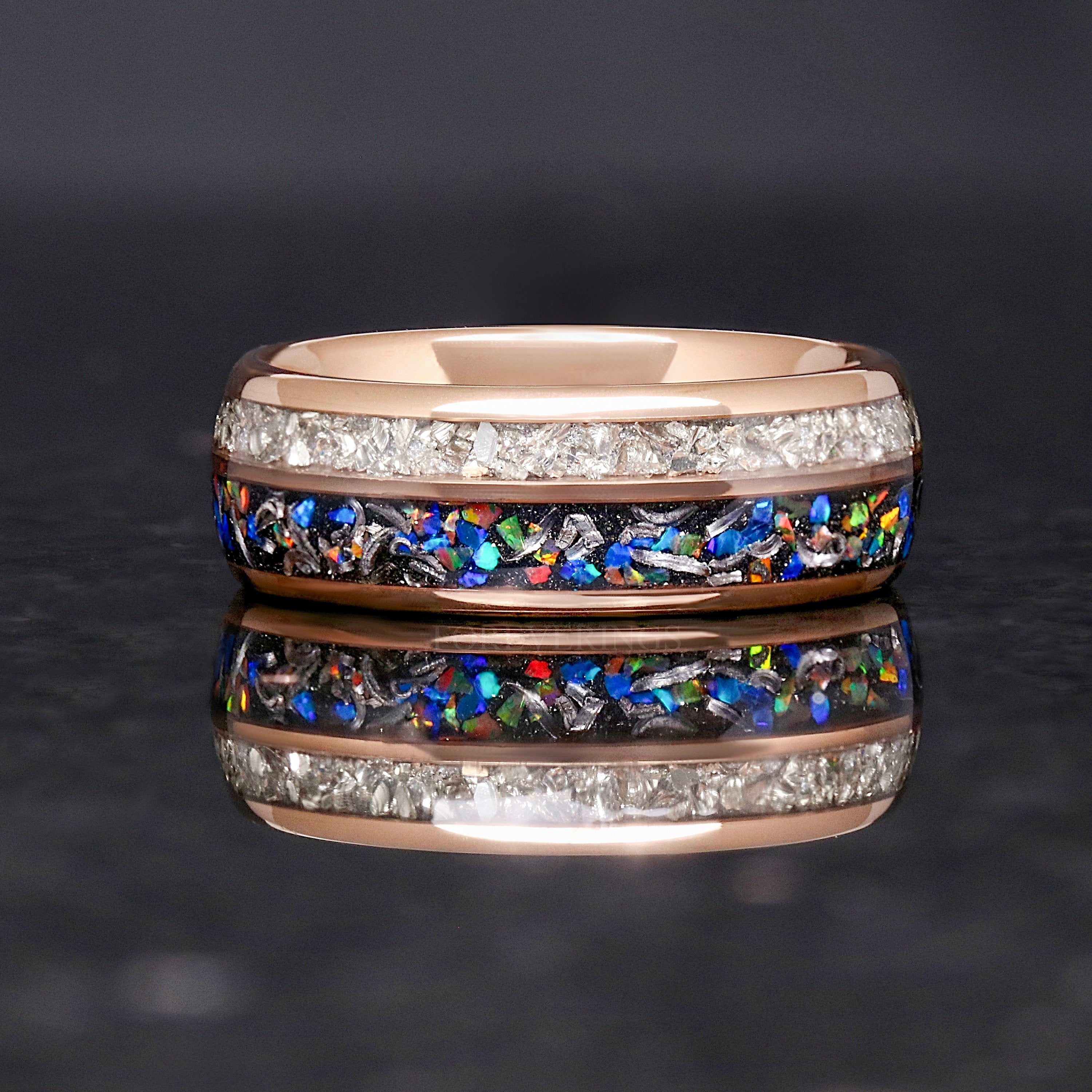 Unique Mens Galaxy Opal Band, Genuine Meteorite, Rose Gold Tungsten Ring, Dome, Polish, Silver Glass Stone, Ring Engraving, Man Wedding Band