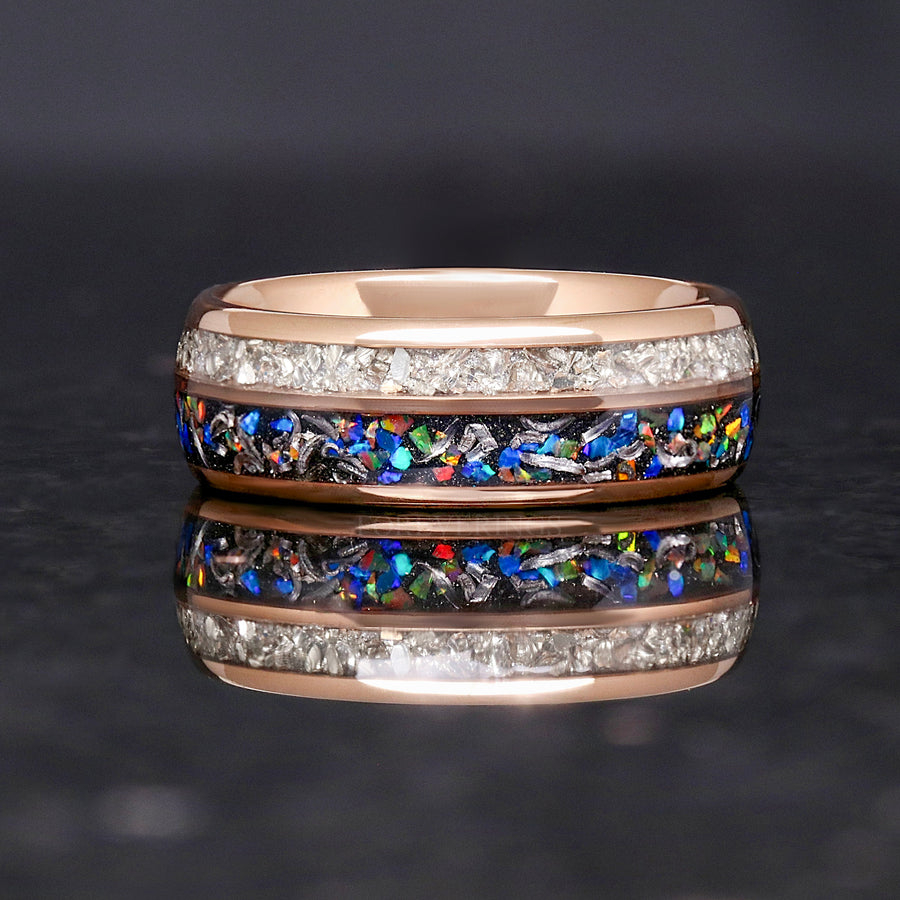 Meteorite Galaxy Opal Rose Gold Tungsten Wedding Band | Men's 8mm Ring