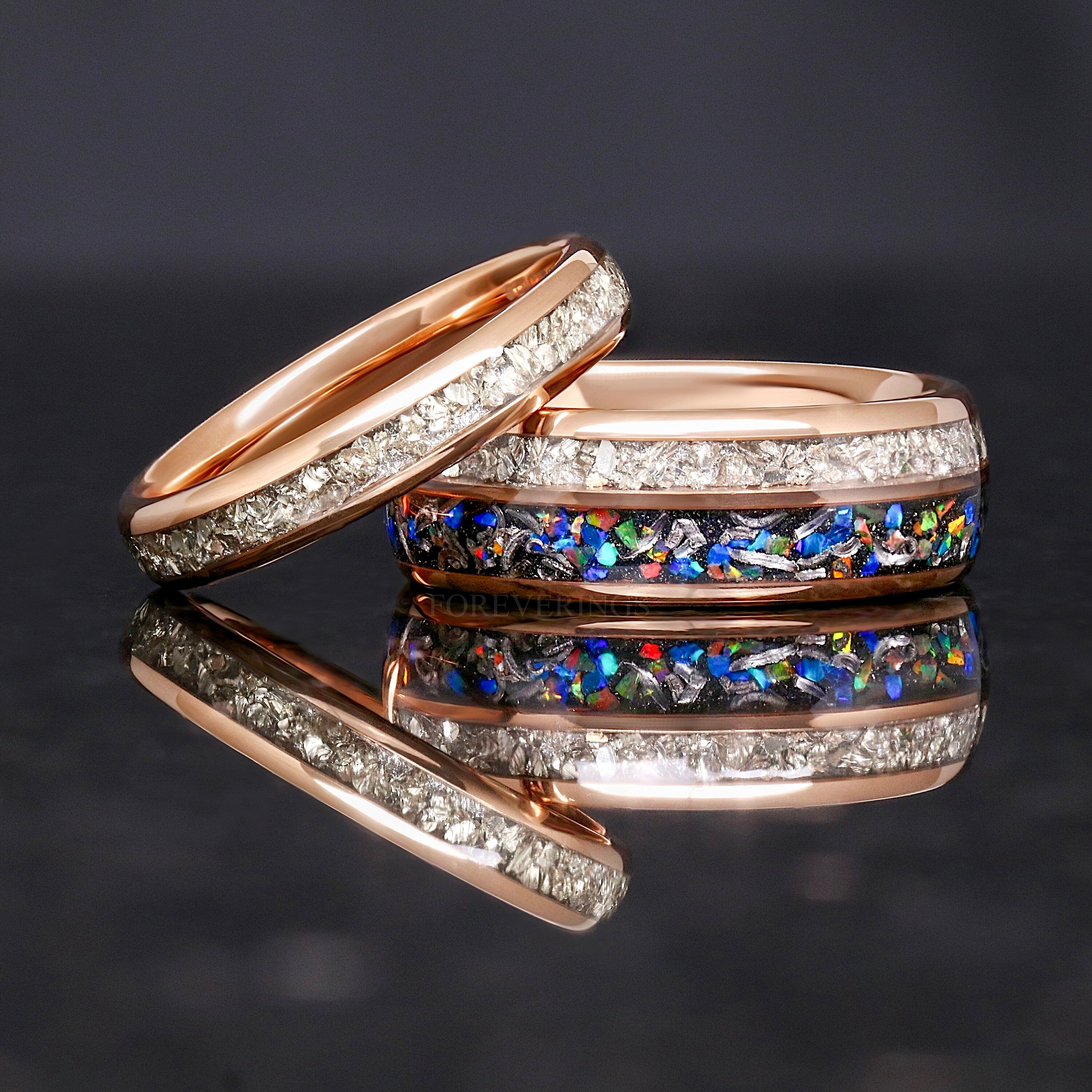 Couples Galaxy Opal Band, Genuine Meteorite, His and Her Rose Gold Tungsten Ring Set, Matching Wedding Ring, Dome, Polish, Ring Engraving