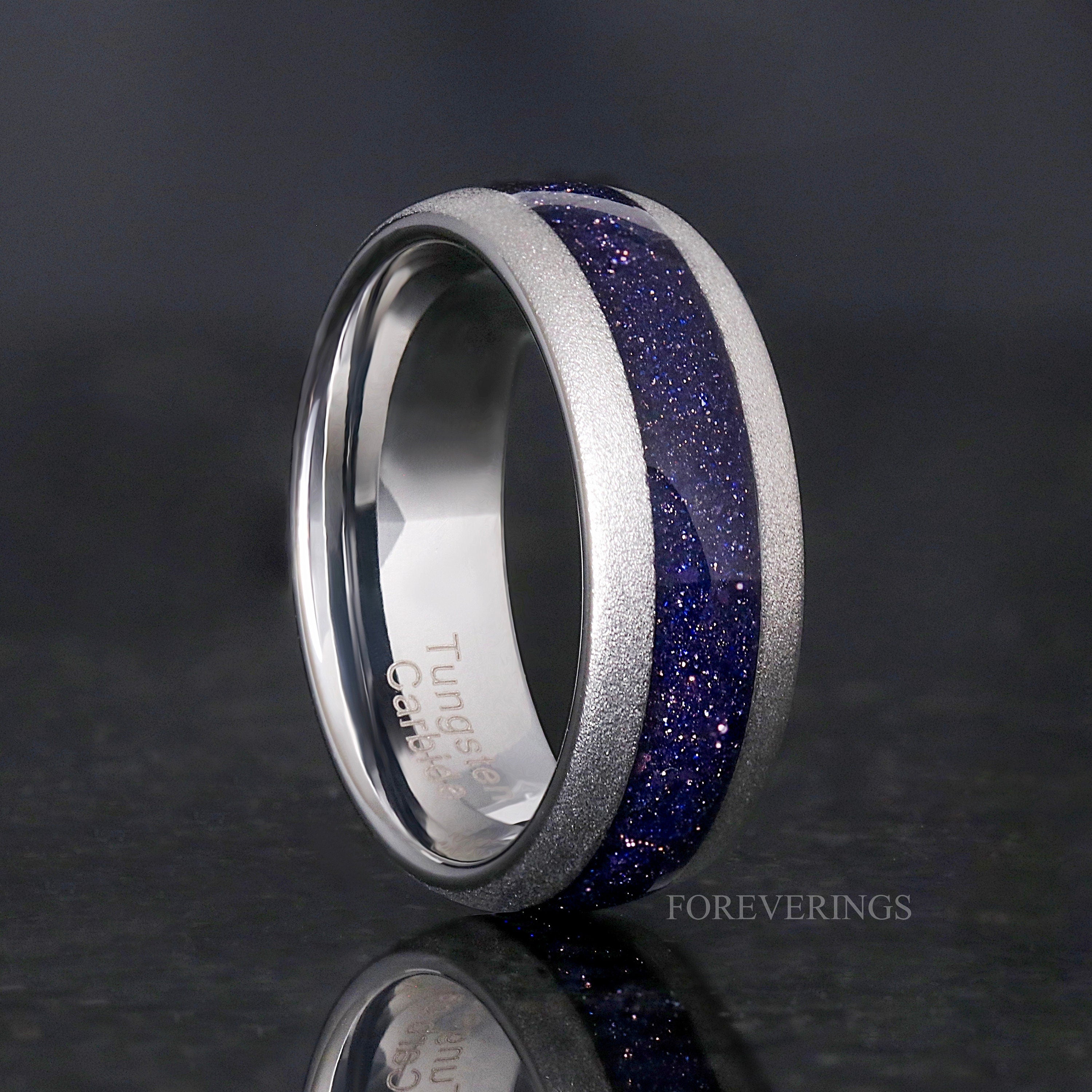 Great Rift Nebula Ring, Starry Night, Blue Sandstone, Sandblast Silver Tungsten Band, Dome, Man Wedding Band, Engraving, 8mm Promise Ring