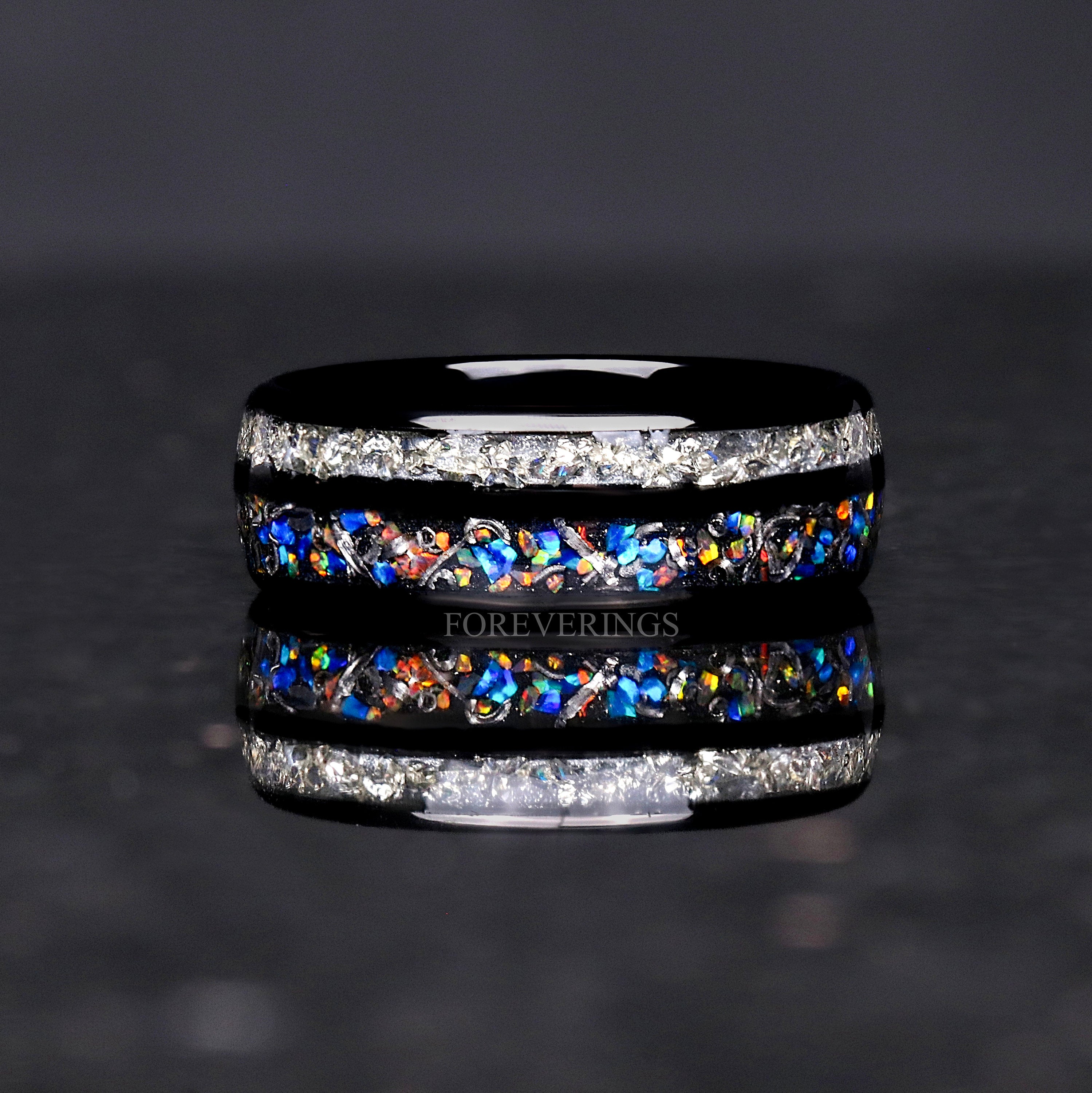 Unique Men Galaxy Opal Band, Genuine Meteorite, 8mm Black Tungsten Ring, Dome, Polish, Crushed Glass Stone, Ring Engraving, Man Wedding Band