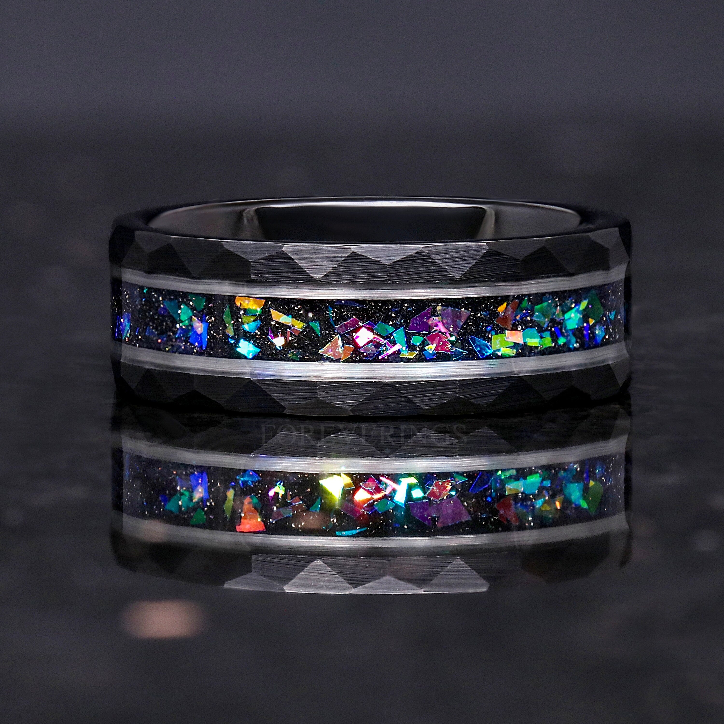 Cass Supernova Black Hammer Ring, Man Tungsten Band, 8mm Black Nebula Wedding Ring, Galaxy Ring, Color Change, Man Engagement, Ring Engrave