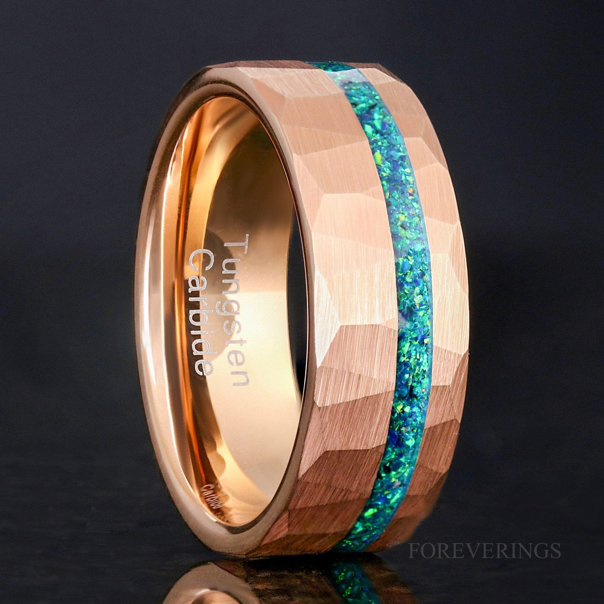 Mens Rose Gold Emerald Opal Band, Green and Rose Gold, 8mm Fire Opal Tungsten Ring, Hammer, Mens Wedding Band, Brushed Flat, Offset, Engrave