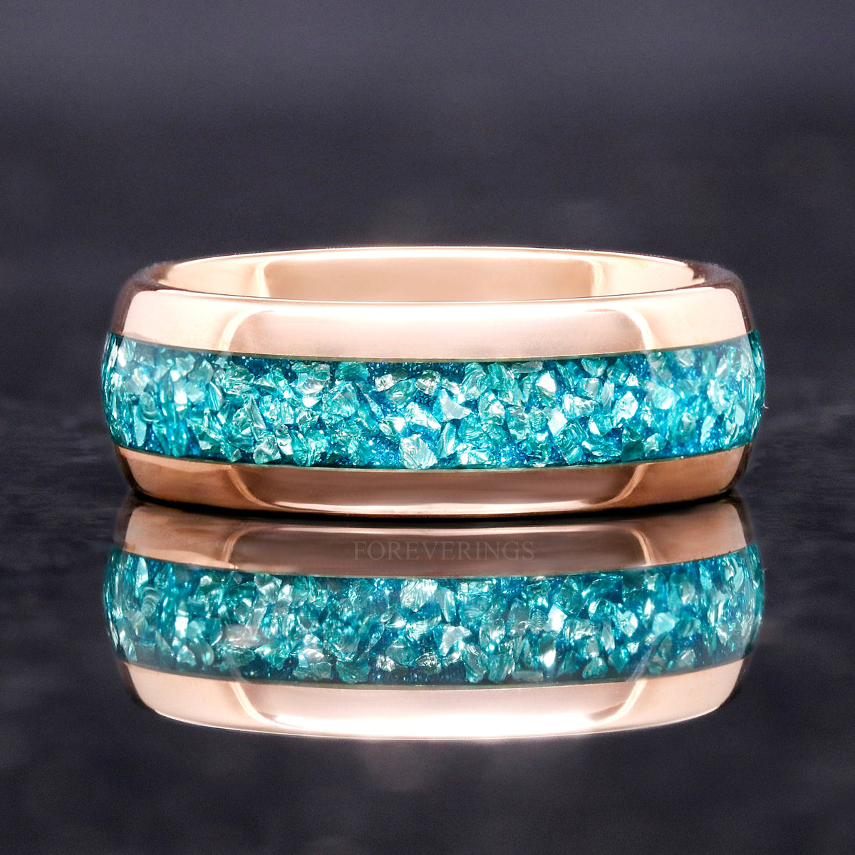 Man Aquamarine Band, Rose Gold Ring, 8mm Man Tungsten Band, Dome, Polished, Crushed Gemstone Ring for Him, March Birthstone, Ring Engraving