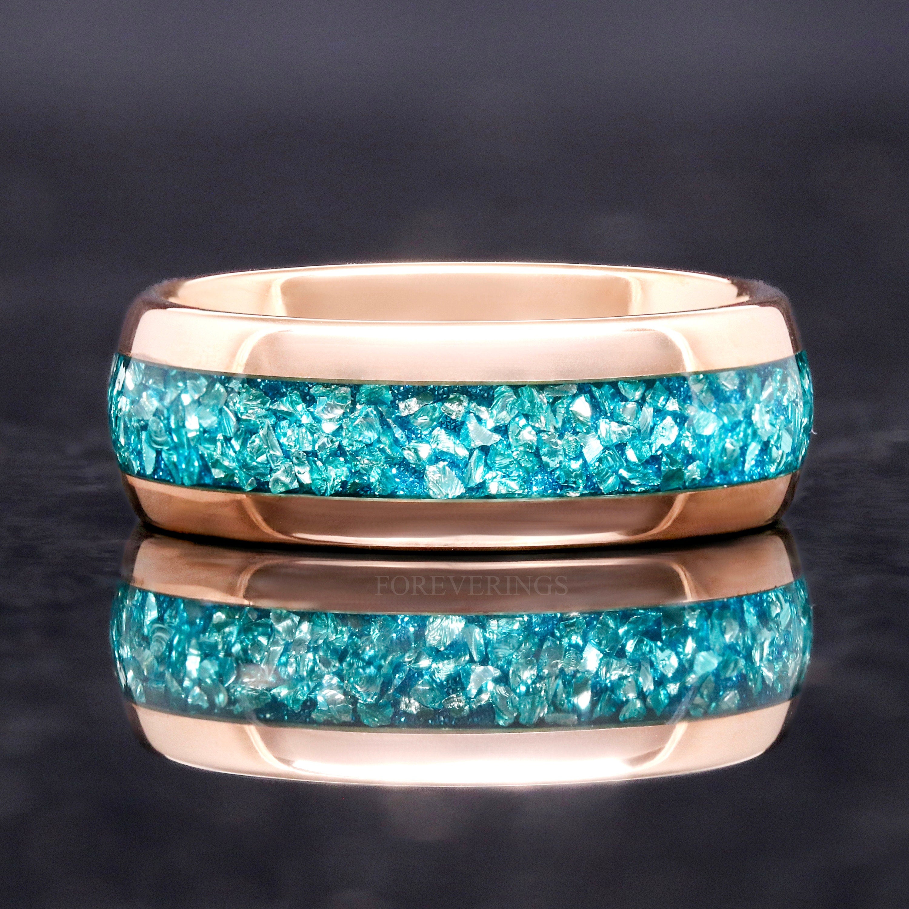 Man Aquamarine Band, Rose Gold Ring, 8mm Man Tungsten Band, Dome, Polished, Crushed Gemstone Ring for Him, March Birthstone, Ring Engraving