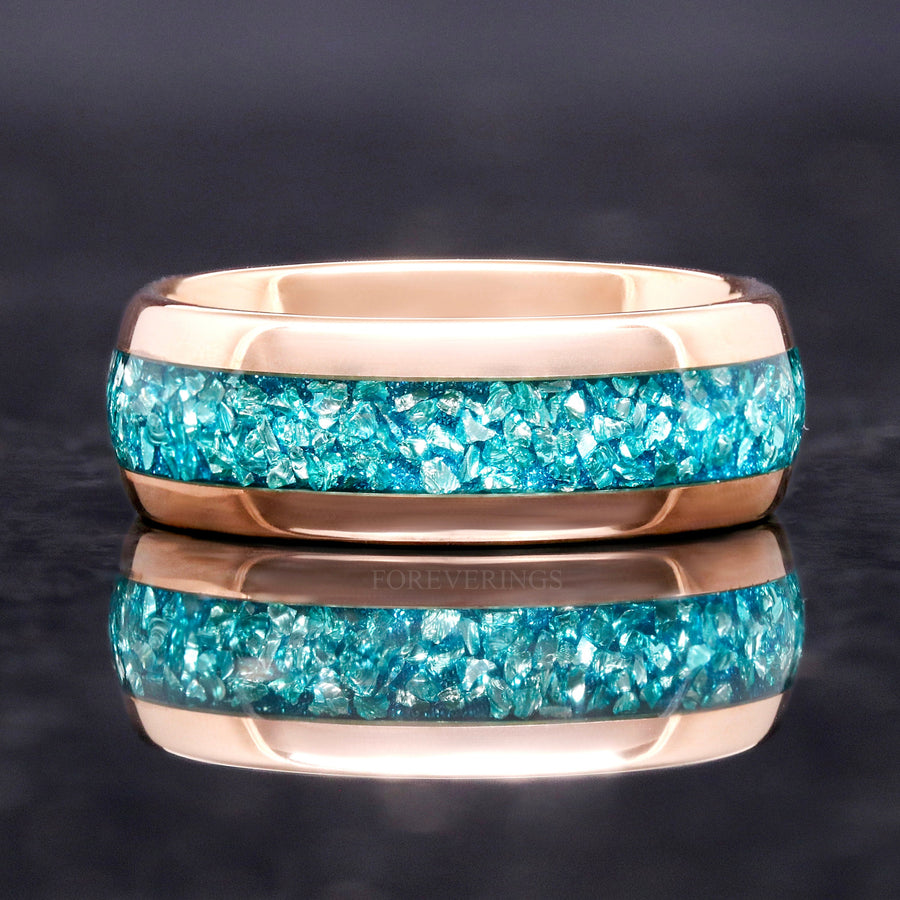 Man Aquamarine Band, Rose Gold Ring, 8mm Man Tungsten Band, Dome, Polished, Crushed Gemstone Ring for Him, March Birthstone, Ring Engraving