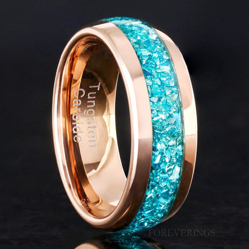 Man Aquamarine Band, Rose Gold Ring, 8mm Man Tungsten Band, Dome, Polished, Crushed Gemstone Ring for Him, March Birthstone, Ring Engraving